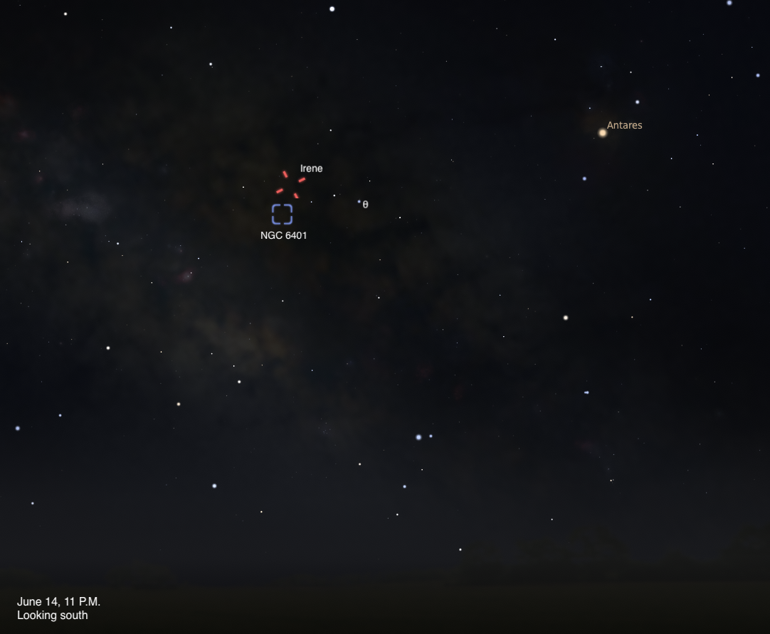A simulated night sky looking south on June 14, 2026, at 11 P.M. Asteroid Irene is marked with a red dashed indicator near the globular cluster NGC 6401, shown in a blue dashed box. The bright orange-red star Antares is visible in the upper right, and the faint glow of the Milky Way stretches across the left side of the frame.
