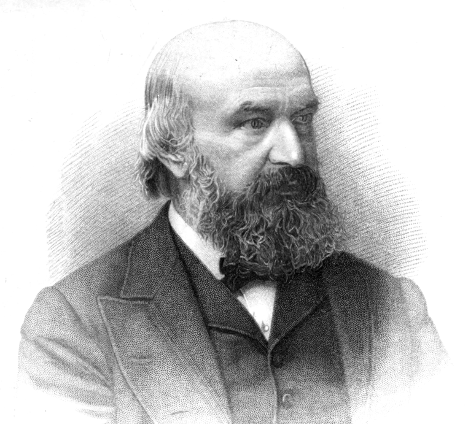 A black-and-white engraved portrait shows a balding man with a full, bushy beard and mustache, turned slightly to the right. He wears a dark suit jacket and vest over a white collared shirt and a dark bowtie. The detailed sketching sits against a stark white background that fades out softly at the bottom edge of the frame.