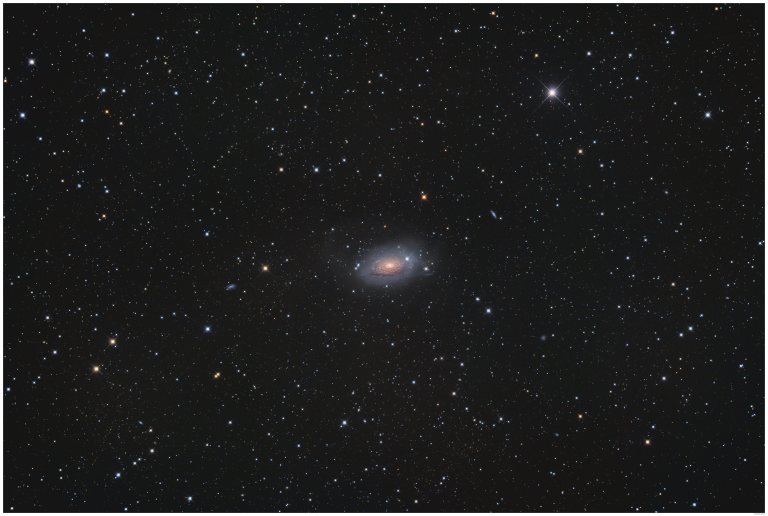 A deep-sky telescope image of M63, the Sunflower Galaxy, a spiral galaxy in Canes Venatici. The galaxy shows a bright golden core surrounded by blue spiral arms, set against a star-filled black background. Several other distant galaxies are faintly visible in the field.