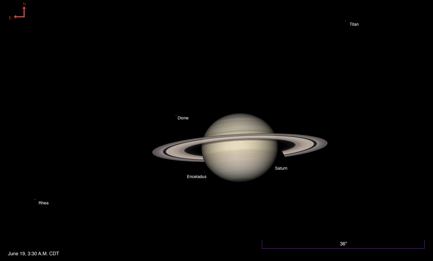 A simulated telescopic view of Saturn on June 19. 2026, at 3:30 A.M. CDT. The ringed planet is shown in detail near the center of the frame, with its rings tilted and clearly visible. Four moons are labeled: Titan in the upper right, Dione above the rings to the left, Enceladus below the rings near center, and Rhea to the lower left. A north-east orientation arrow appears in the upper left corner.