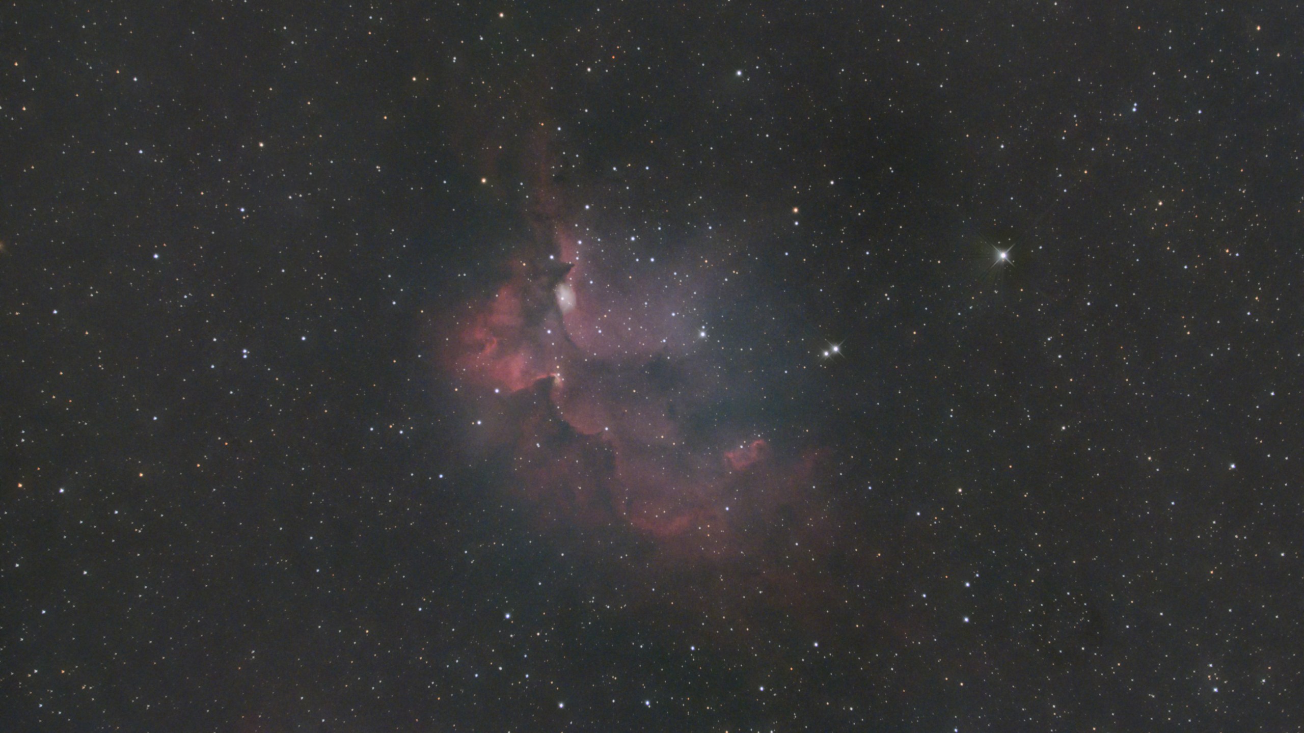 A telescope image of the Wizard Nebula (NGC 7380), showing swirling clouds of red and pink emission nebula surrounding a bright central cluster of young stars. Blue-gray reflection nebulosity mingles with the red hydrogen gas, and the surrounding star field is rich with colorful foreground stars against a dark background.