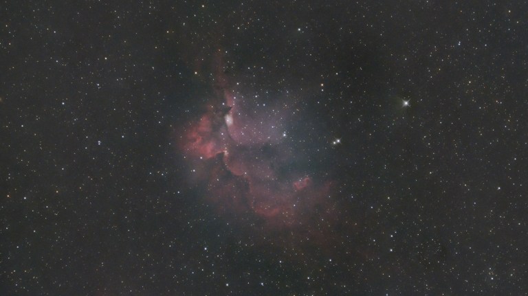 A telescope image of the Wizard Nebula (NGC 7380), showing swirling clouds of red and pink emission nebula surrounding a bright central cluster of young stars. Blue-gray reflection nebulosity mingles with the red hydrogen gas, and the surrounding star field is rich with colorful foreground stars against a dark background.