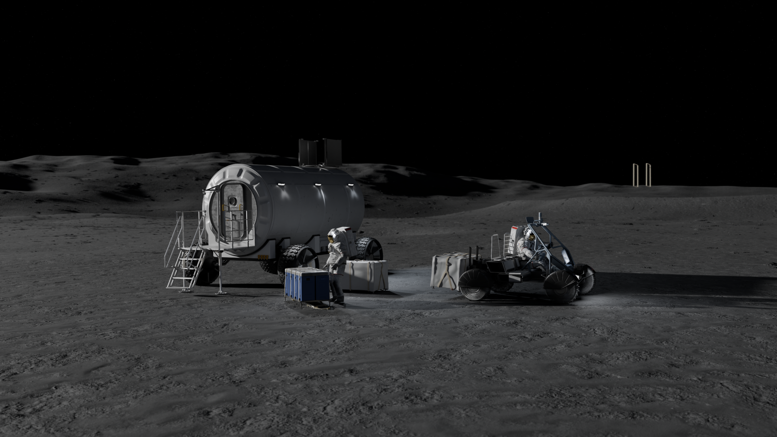 An artist's illustration of two astronauts in white spacesuits working on the gray lunar surface beside a large cylindrical mobile habitat on wheels, with a smaller open surface vehicle to the right and equipment cases scattered between them, set against a black sky.