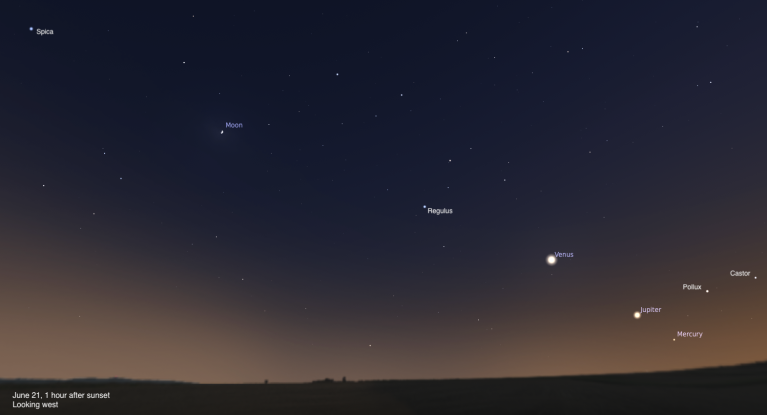 Planetarium simulation of the eastern sky on June 22, 2026, at 2 AM. Vega is at the top, with Deneb and the North America Nebula (NGC 7000, marked with a dashed blue box) at center, and Altair visible at right — the three stars of the Summer Triangle.