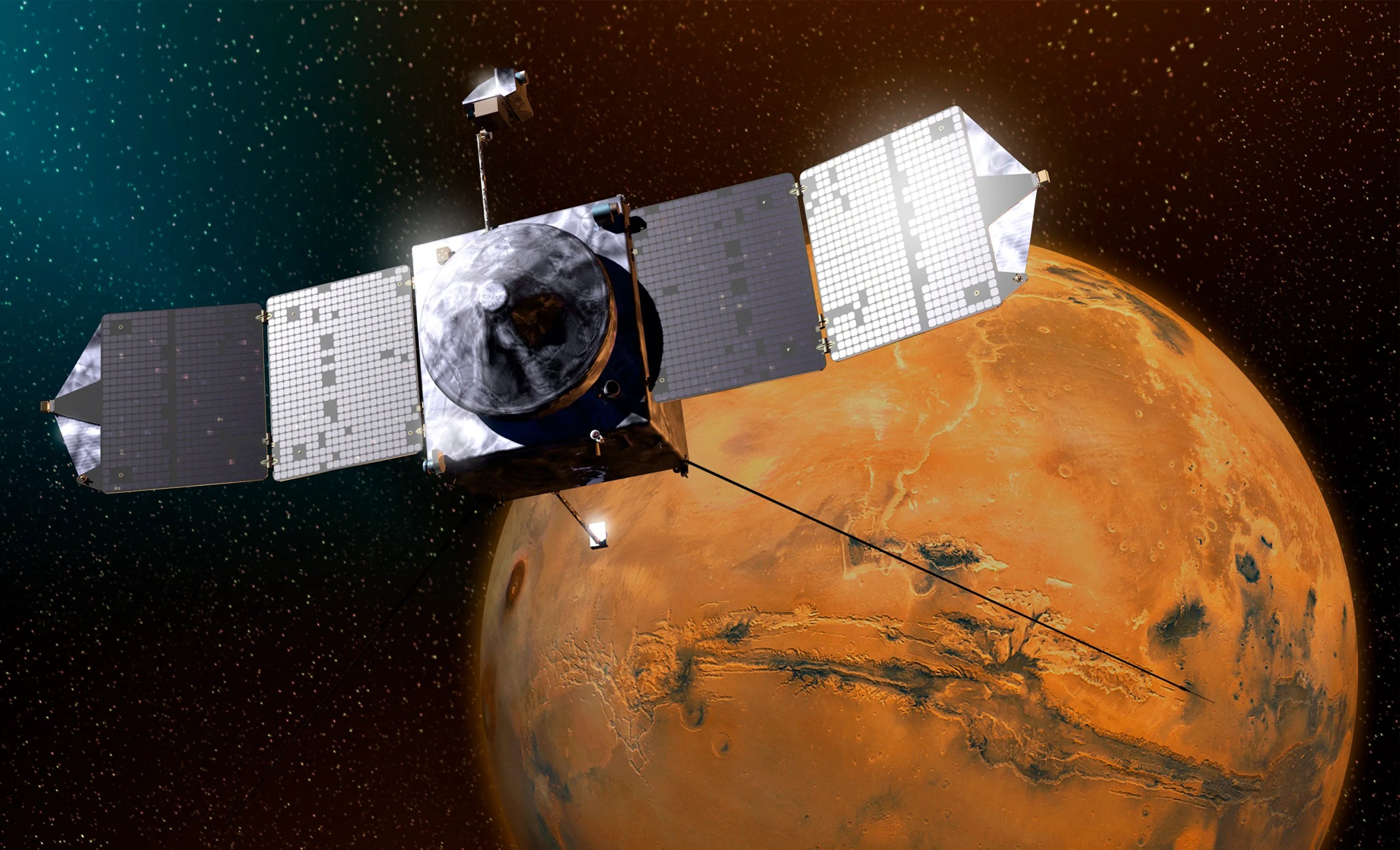 An artist's illustration of the MAVEN spacecraft orbiting Mars, with the spacecraft positioned in the upper left and the rust-colored Martian surface filling the right side of the frame. The spacecraft features a large circular dish, two pairs of extended solar panels, and a long boom extending toward the planet. A star-scattered deep-space background fills the upper left corner.