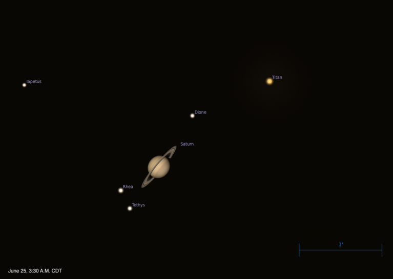 Telescopic simulation of Saturn and its moons on June 25, 2026, at 3:30 AM CDT. Saturn with its rings is centered, with moons Titan (upper right, appearing golden), Dione (upper center), Rhea (lower left), Tethys (lower center), and Iapetus (far left) labeled. A 1-arcminute scale bar appears at lower right.