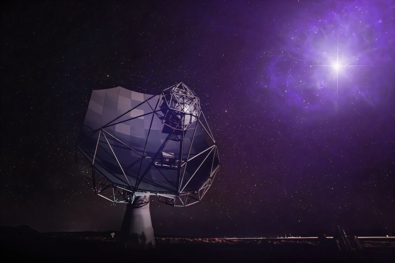 A large radio antenna dish dominates the left side of the frame, pointing upward against a deep purple night sky dense with stars. A brilliant blue-white star flares brightly in the upper right, surrounded by a soft purple nebular glow. The horizon is dark and flat beneath the antenna.