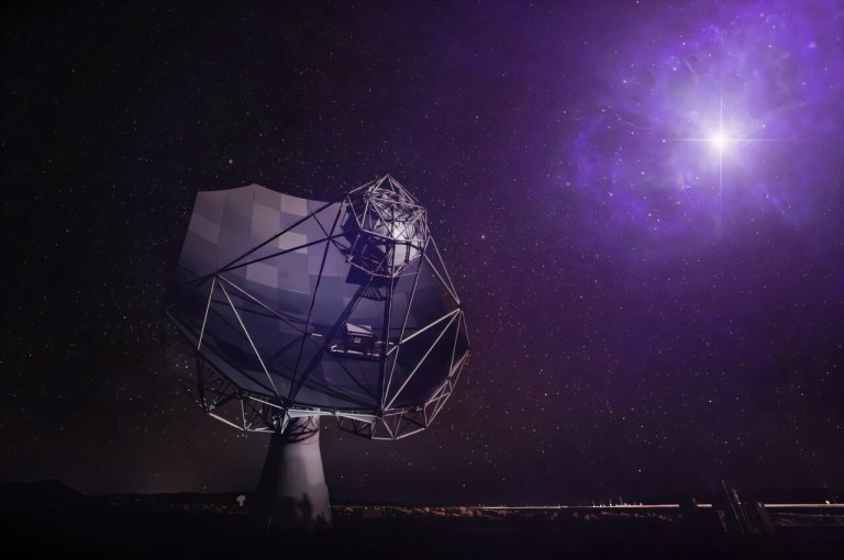 A large radio antenna dish dominates the left side of the frame, pointing upward against a deep purple night sky dense with stars. A brilliant blue-white star flares brightly in the upper right, surrounded by a soft purple nebular glow. The horizon is dark and flat beneath the antenna.