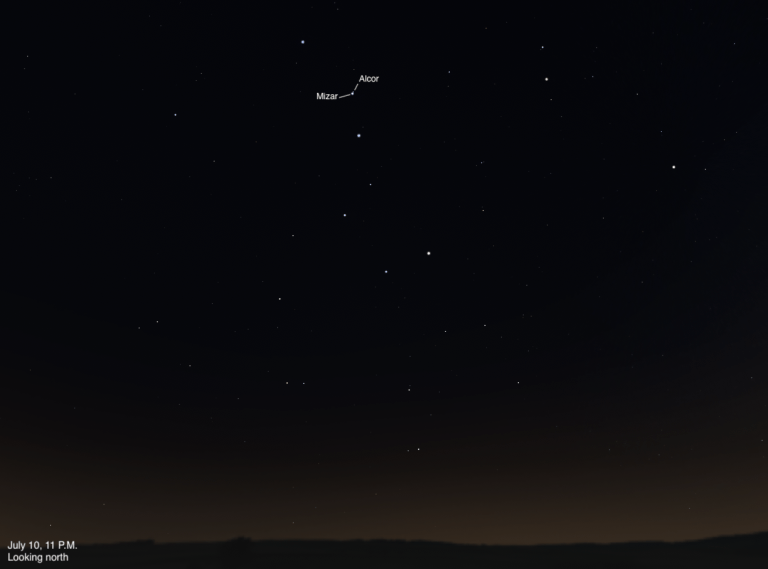 Sky chart showing the northern sky on July 10, 2026, at 11 p.m. The double star Mizar and its companion Alcor are labeled near the upper center of the frame, part of the Big Dipper's handle. A dark, rolling horizon is visible at the bottom.