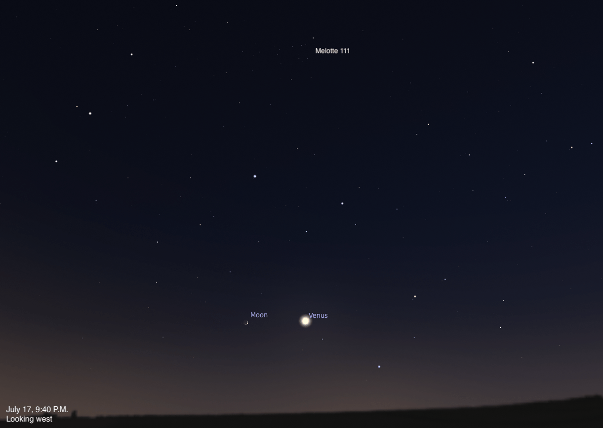 Planetarium simulation of the western sky on July 17, 2026 at 9:40 PM. A thin crescent Moon and Venus appear side by side low on the horizon, with the Melotte 111 star cluster (the Coma Star Cluster) labeled near the top of the frame.