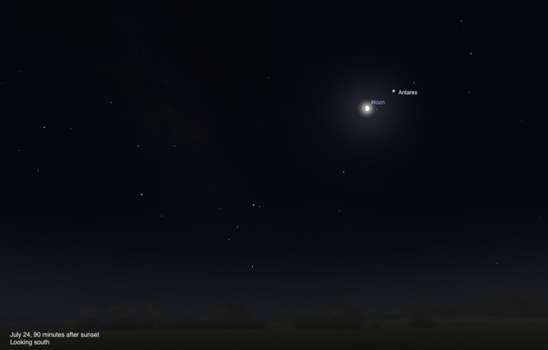 A simulated evening sky looking south on July 24, 2026, 90 minutes after sunset. A crescent Moon sits close to the bright orange-red star Antares near the right of the frame. The sky is a deep blue with a subtle glow along the tree-lined horizon.