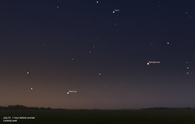A simulated predawn sky looking east on July 31, 2026, one hour before sunrise. Mars shines as a bright orange point near the top center of the frame, with Betelgeuse glowing warmly to the right. Mercury appears as a bright dot low in the sky above the dark, silhouetted treeline, and the sky fades from deep blue at the top to a warm amber glow near the horizon.