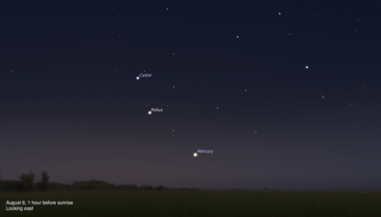 A sky chart showing the eastern sky on August 6, 2026, one hour before sunrise. Mercury glows as a bright yellowish point low on the horizon near the center. The twin stars Castor and Pollux are labeled above and to the left, and the sky fades from deep blue-black above to a warm twilight gradient near the dark treeline silhouette along the bottom.