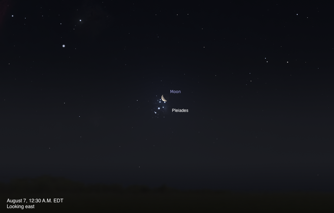A sky chart showing the eastern sky on August 7, 2026, at 12:30 A.M. EDT. A crescent Moon is shown in close proximity to the Pleiades star cluster, both labeled and visible near the center of the image against a deep dark sky. The sky fades slightly to a lighter tone near the dark horizon.