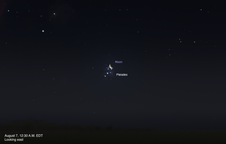 A sky chart showing the eastern sky on August 7, 2026, at 12:30 A.M. EDT. A crescent Moon is shown in close proximity to the Pleiades star cluster, both labeled and visible near the center of the image against a deep dark sky. The sky fades slightly to a lighter tone near the dark horizon.