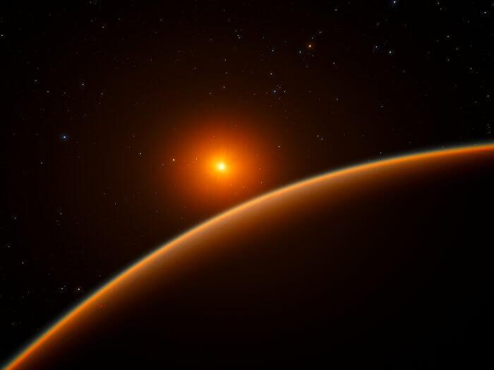 A dark, curved planet with a warm orange-brown atmospheric glow fills the lower right of the frame, its horizon lit by a small, bright orange star glowing near the center of the image. The black background is scattered with faint white stars, with a soft orange haze surrounding the star.