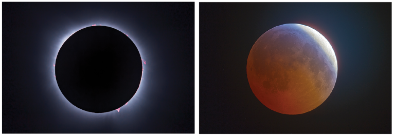 A side-by-side pair of lunar eclipse images. On the left, a total solar eclipse shows the Moon as a black disc surrounded by the Sun's white corona, with several pink solar prominences visible along the edge. On the right, a total lunar eclipse shows the Moon glowing in deep red and orange hues — a "blood moon" — with a bright sliver of normal white moonlight still visible along the upper right edge.