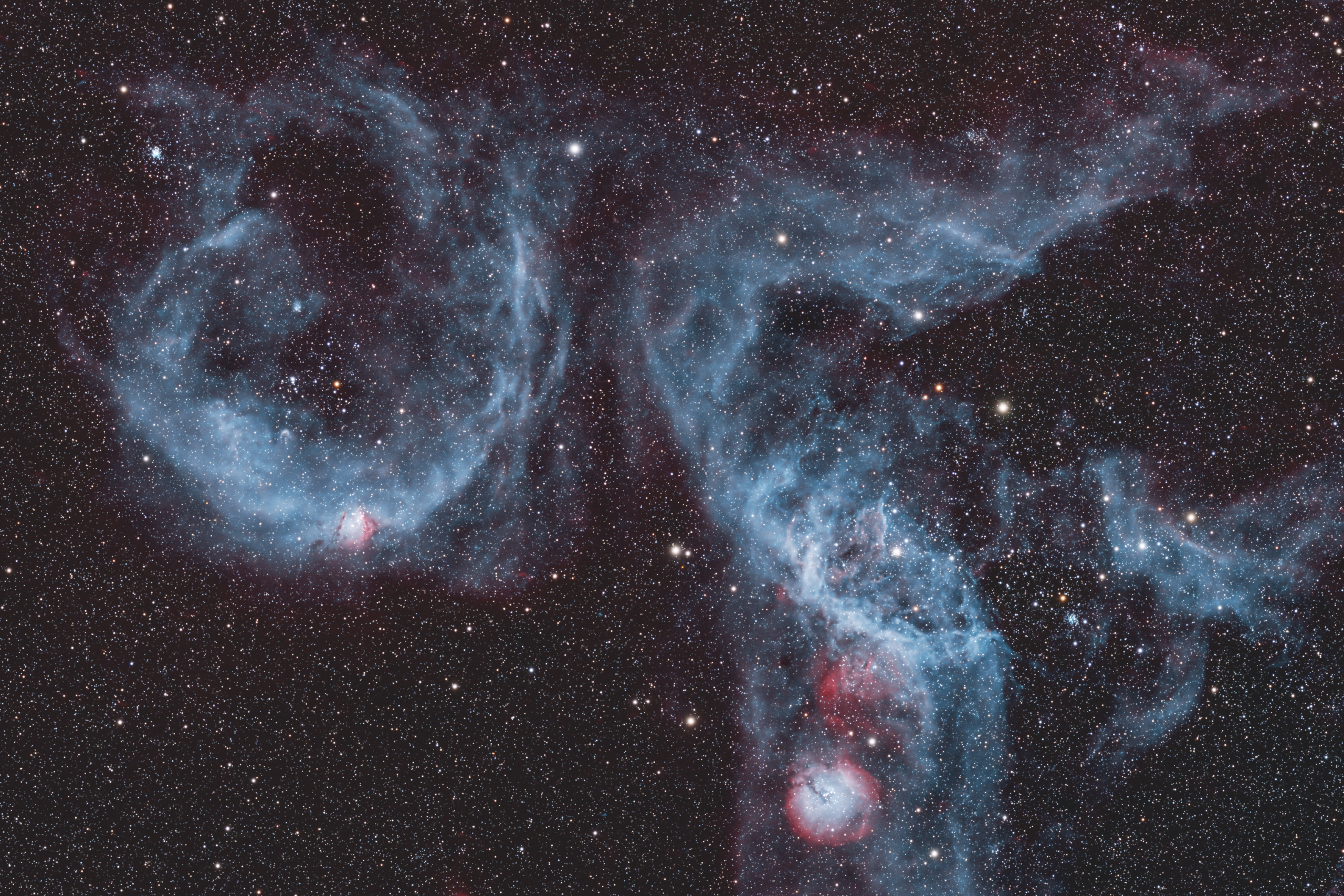 On a black, star-filled background float two large, wispy blue bubbles of gas. The rounder one at left has a small bright pink-and-white knot at its lower edge. The bigger, more tangled structure at right blends pale blue filaments with patches of red, all scattered across thousands of faint stars.