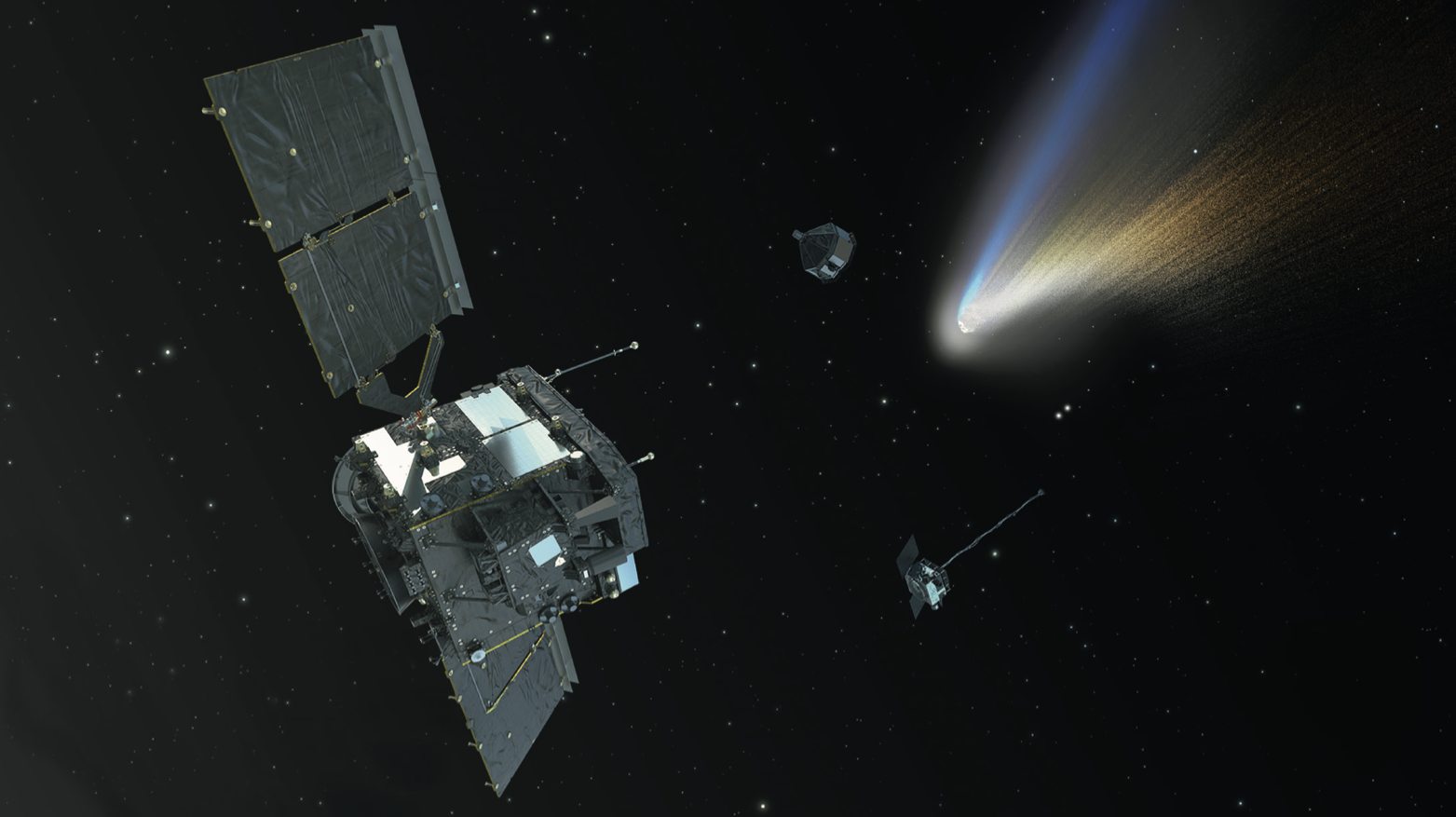 An artist's illustration of the ESA Comet Interceptor mission, showing the large main spacecraft in the foreground with its deployed solar panels, flanked by two smaller sub-probes, all approaching a comet whose bright white nucleus and two-toned tail — blue ion tail and golden dust tail — dominate the upper right of the image against a starry black background.