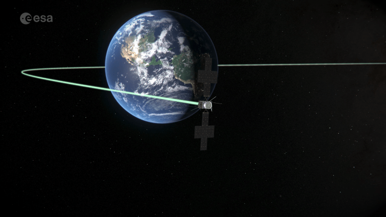 An ESA artist's illustration showing the JUICE spacecraft performing a gravitational slingshot maneuver around Earth. The spacecraft, with its distinctive cross-shaped solar panels, is shown close to Earth with a bright green line tracing its curved orbital trajectory looping around the planet. Earth is shown from space with North and South America visible beneath cloud cover.