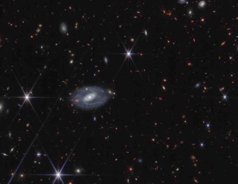 A James Webb Space Telescope deep field image showing hundreds of distant galaxies scattered across a black background in a range of shapes — spirals, ellipticals, and elongated streaks — in colors from white and blue to orange and red. A large, detailed barred spiral galaxy with a bright white core and faint blue spiral arms dominates the center-left of the frame. Several foreground stars display the distinctive six-pointed diffraction spikes characteristic of JWST imagery.