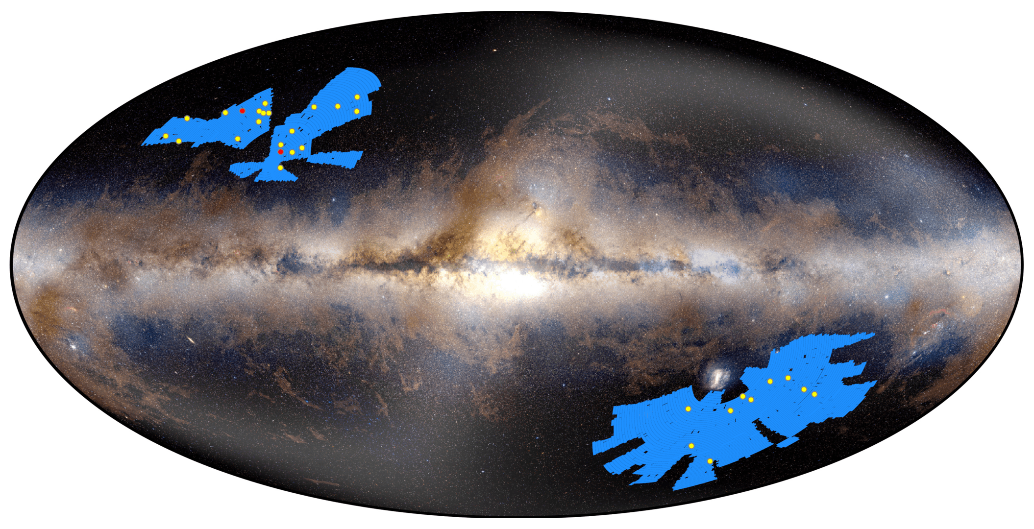An oval-shaped all-sky map fills the frame in muted blues and purples, with a bright, dense white and yellow band stretching horizontally across the middle. Small yellow dots are scattered across the upper and lower portions of the oval, with two red dots standing out among them, one on each side of center.