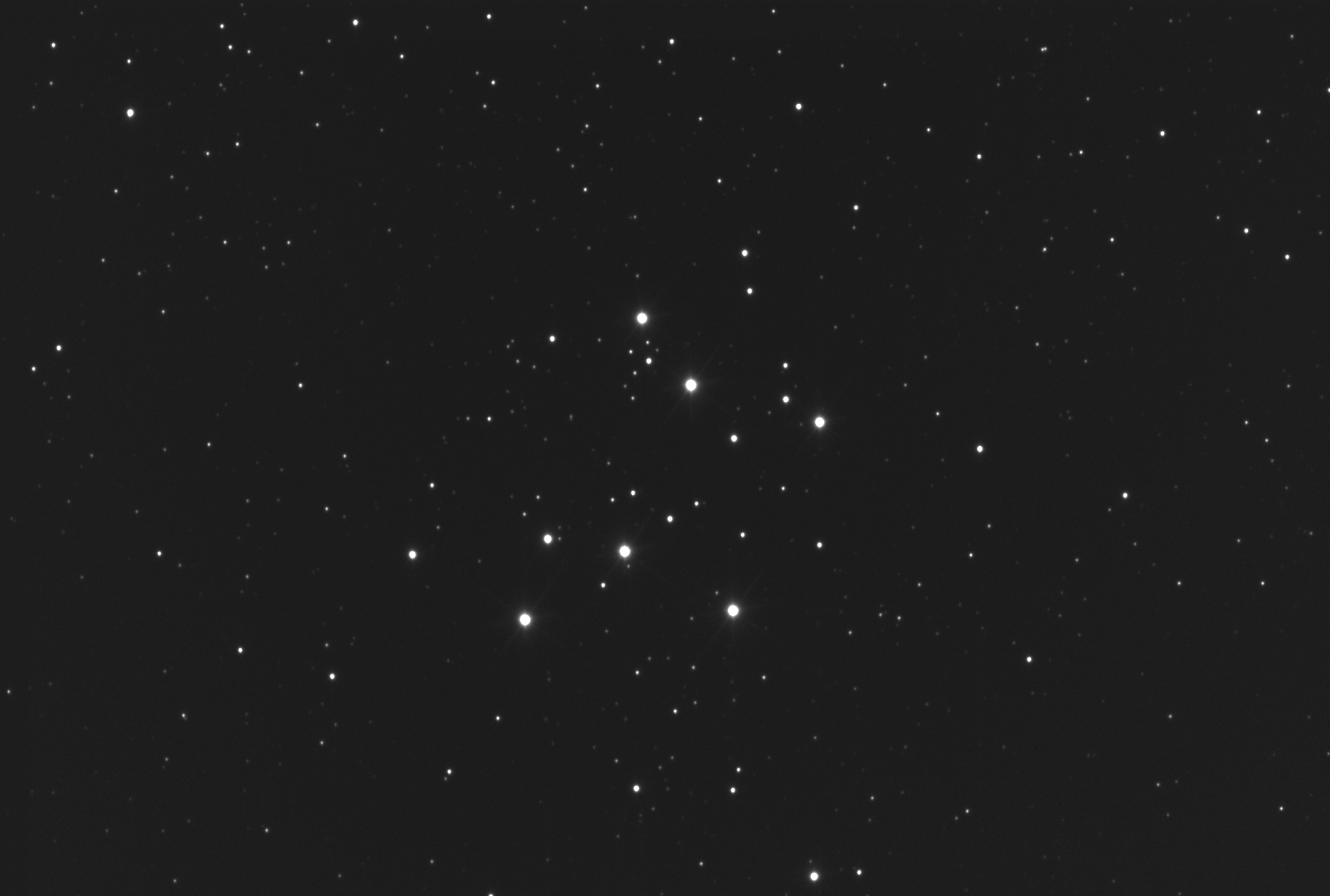 Black-and-white astrophotograph of M29, a sparse open star cluster showing roughly a dozen bright stars arranged in a loose rectangular pattern against a field of fainter background stars.
