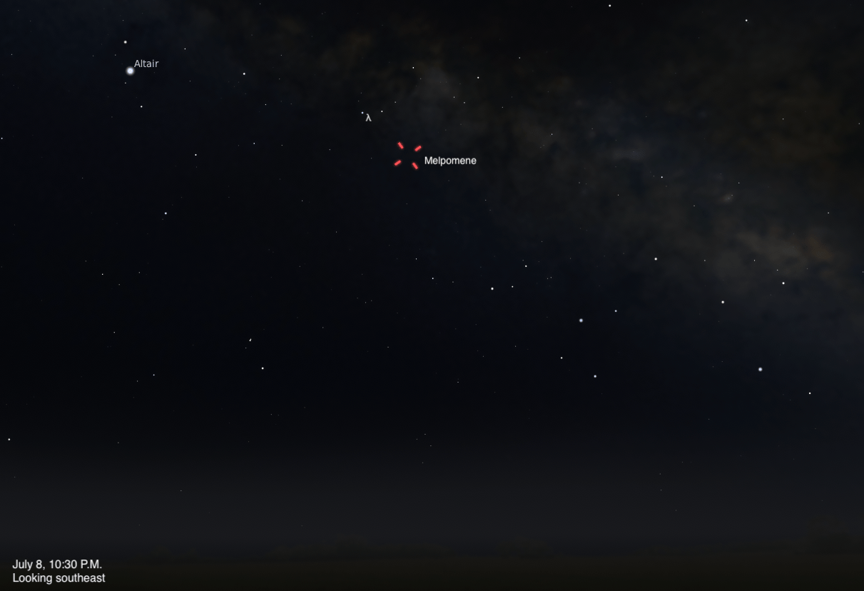 Sky chart showing the southeast sky on July 8, 2026, at 10:30 p.m. Asteroid Melpomene is marked with a red dashed crosshair near the center of the frame. The bright star Altair is visible in the upper left. A faint band of the Milky Way stretches across the upper right portion of the sky.
