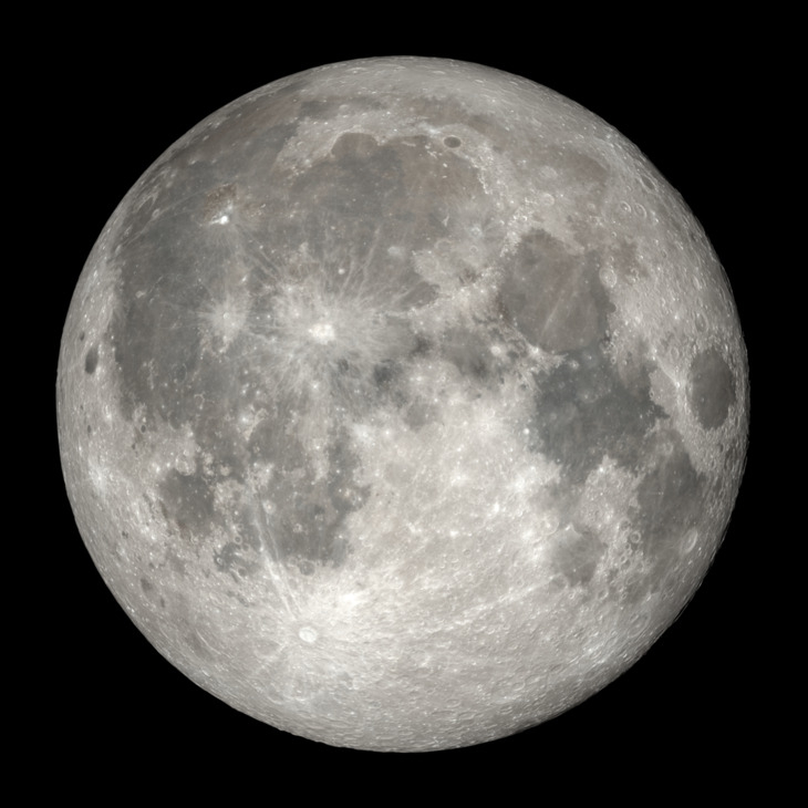 A detailed rendering of a nearly full Moon against a black background. The lunar surface is sharply rendered, showing the contrast between the bright highland regions and the darker maria, with prominent crater ray systems and numerous impact craters visible across the disk.