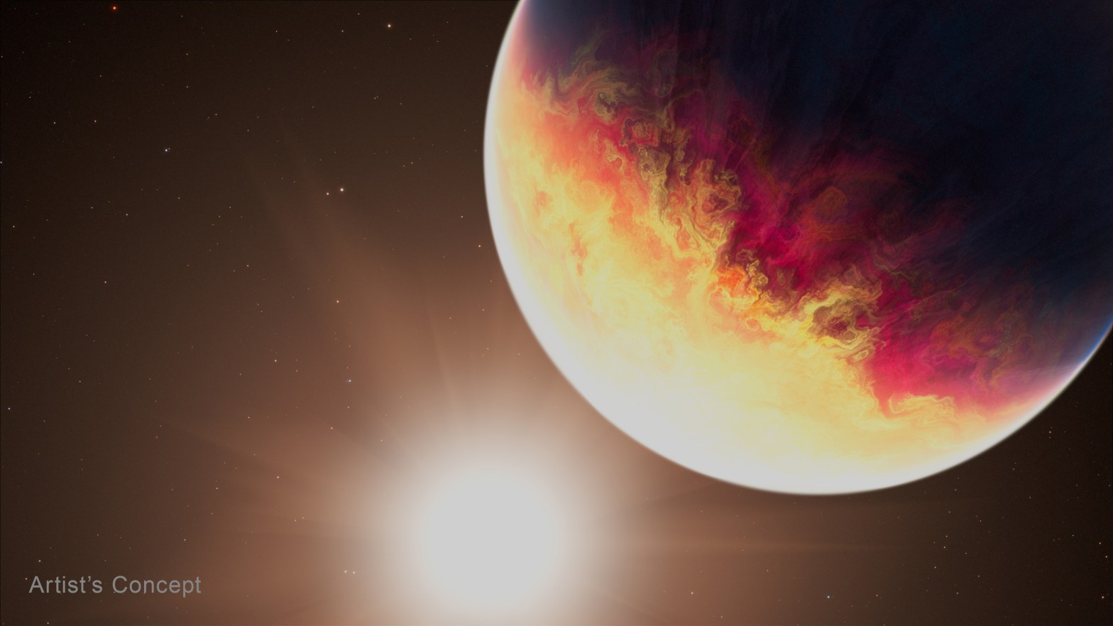 A large planet occupies the upper right of the frame, its surface swirling with bright orange, yellow, and deep red clouds on its sunlit side, fading to dark blue-black on its shadowed edge. Below and to the left, a bright white glow from a nearby star washes out part of the lower frame, set against a dark brown sky scattered with faint stars.