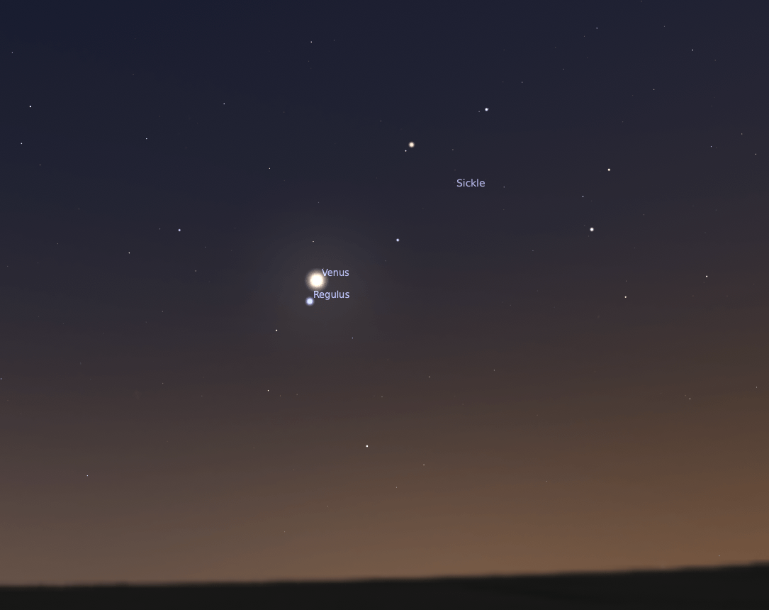 Sky chart showing Venus and Regulus in close conjunction low in the western sky on July 9, 2026. Venus appears as a bright, glowing white disk near the center of the frame, with the star Regulus just below it. The Sickle asterism of Leo is labeled above and to the right. The sky transitions from deep blue at the top to a warm orange-brown glow near the horizon, suggesting twilight conditions.