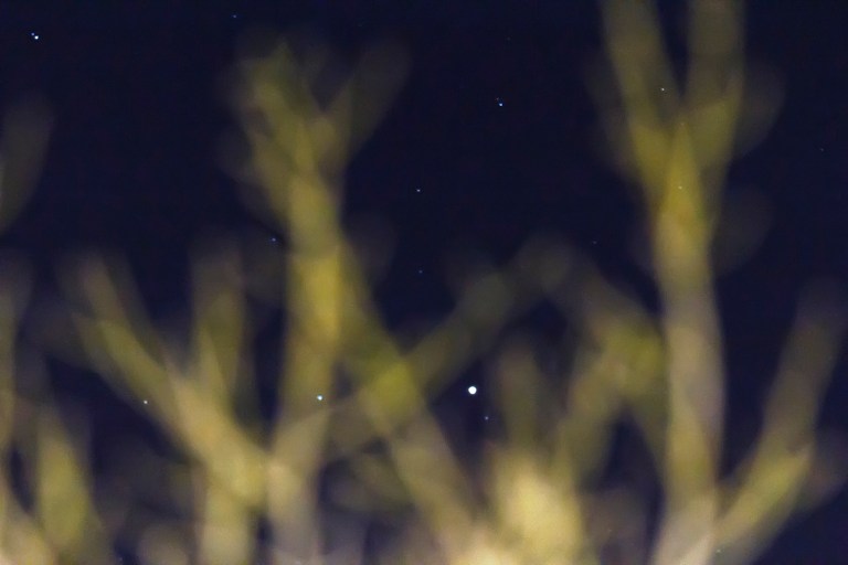Night sky photograph taken through out-of-focus tree branches, which appear as blurred yellow-green shapes in the foreground. Several faint stars are visible in the deep blue sky, with one noticeably brighter point of light near the center of the frame.