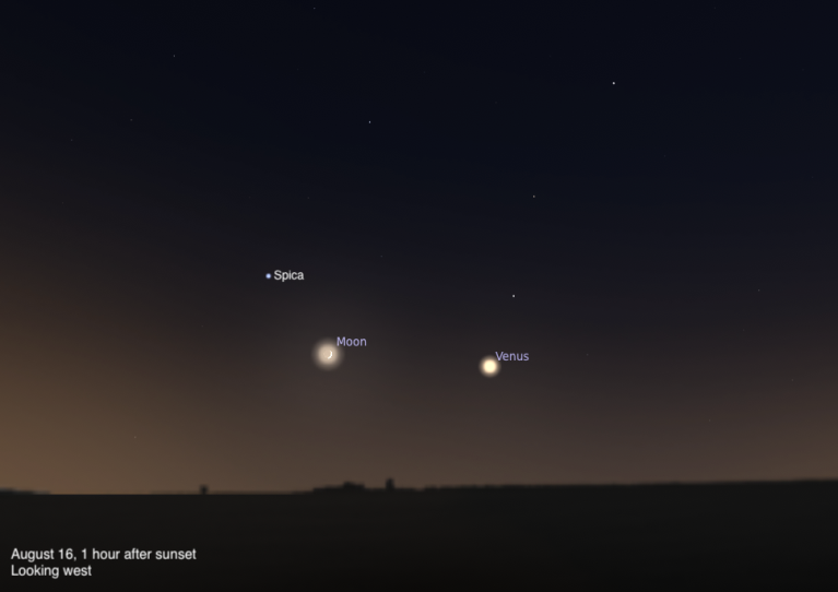 A sky chart showing the western sky on August 16, 2026, one hour after sunset. The crescent Moon and Venus are shown close together and brightly glowing low in the warm twilight sky, with the star Spica labeled just above and to the left of the Moon. The sky transitions from deep blue-black above to a warm brown-orange near the dark horizon silhouette.