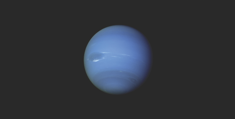 A pale blue Neptune centered against a dark gray background, showing faint darker banding and a bright wispy cloud feature near its equator.