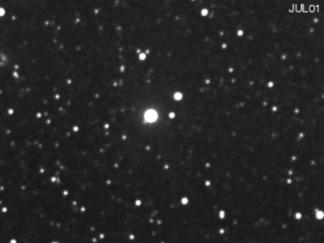 A grayscale telescopic image showing a star field, labeled JUL01 in the upper right corner, with Barnard's Star visible as the brightest point near the center. The image is one frame from an animated sequence documenting the star's notable proper motion — its gradual shift in position against the background stars — between 2001 and 2010.