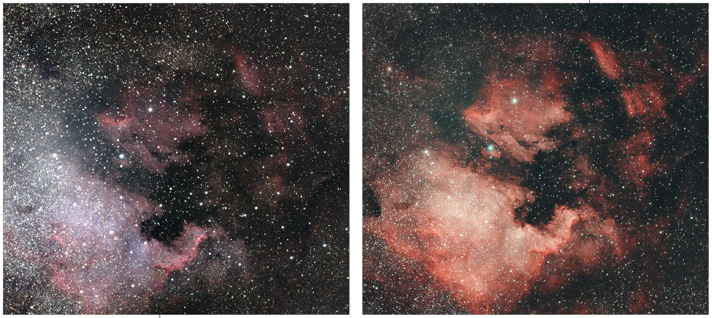 A side-by-side comparison of two telescopic images of the North America Nebula (NGC 7000), showing the effect of different imaging filters. The left image, taken without a narrowband filter, shows the nebula's red and pink hydrogen gas clouds amid a dense field of white and yellow stars. The right image, taken with a narrowband filter, suppresses the stars and enhances the nebula's structure, revealing richer red and pink emission clouds with more pronounced dark dust lanes and greater contrast between the glowing gas and dark regions.