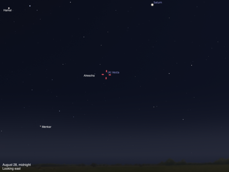 A sky chart showing the eastern sky on August 28, 2026, at midnight. The asteroid Vesta is highlighted with a red crosshair marker near the center of the image, labeled "(4) Vesta," with the star Alrescha labeled just to its left. Saturn glows as a bright point in the upper right, and the stars Hamal and Menkar are labeled in the upper and lower left respectively. The sky fades from deep blue-black above to a subtle twilight glow near the dark horizon silhouette.