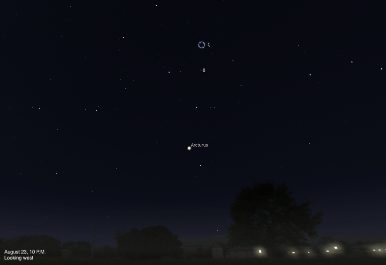 A sky chart showing the western sky on August 23, 2026, at 10 P.M. The recurrent nova T Coronae Borealis (T CrB), also known as the Blaze Star, is highlighted with a circular marker labeled zeta (ζ) near the top center, with delta (δ) labeled just below it. The bright orange star Arcturus is labeled in the middle of the image. Silhouetted trees and faint lights from buildings are visible along the bottom horizon.