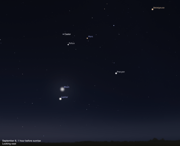 A sky chart showing the eastern sky on September 8, 2026, one hour before sunrise. The crescent Moon and Jupiter are shown in close proximity in the lower center, with Jupiter just below the Moon. Mars glows orange in the upper center, with Castor and Pollux labeled to its left. Procyon is visible to the right, and Betelgeuse glows orange in the upper right corner. The sky fades from deep blue-black above to a subtle twilight glow near the dark horizon silhouette.