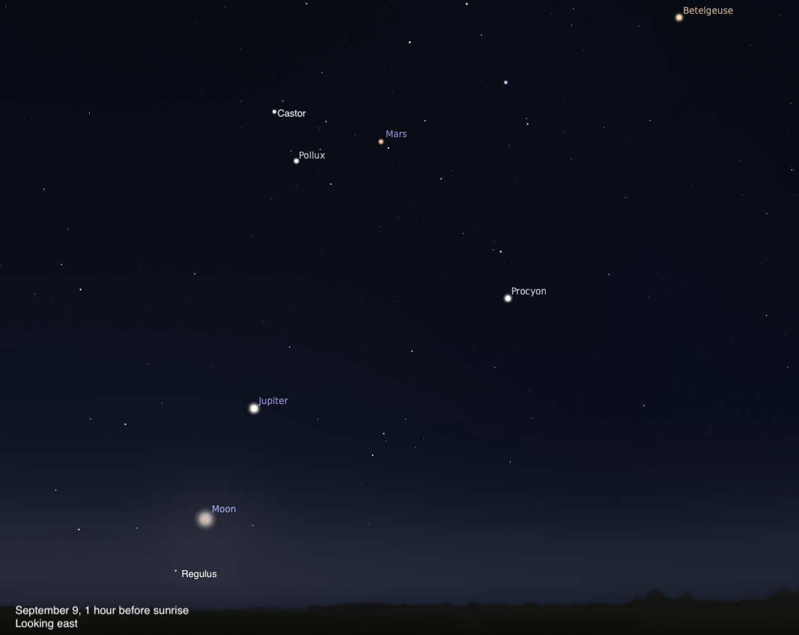 A sky chart showing the eastern sky on September 9, 2026, one hour before sunrise. The Moon glows low near the bottom left, with Regulus labeled as a faint point just below it. Jupiter is visible as a bright point above the Moon in the lower center. Mars glows orange in the upper center with Castor and Pollux labeled to its left. Procyon is visible to the right, and Betelgeuse glows orange in the upper right corner. The sky fades from deep blue-black above to a subtle twilight glow near the dark horizon silhouette.