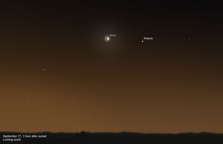 A sky chart showing the southern sky on September 17, 2026, one hour after sunset. The crescent Moon glows brightly near the upper center, with Antares labeled as a reddish-orange point just to its right. The sky transitions from deep brown-black above to a warm amber-brown twilight glow near the dark horizon silhouette.