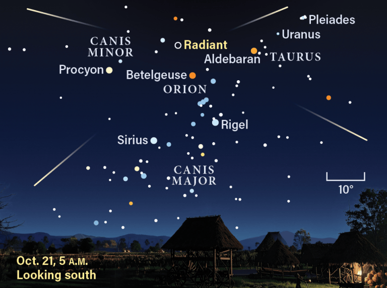 The sky during the peak of the Orionid meteor shower on October 21, 2026, at 5 AM, looking south