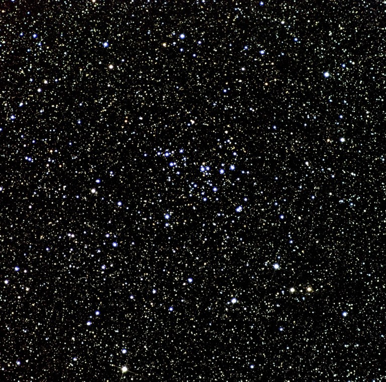 A telescopic photograph of NGC 7243, a loose open star cluster set against a densely packed star field. The cluster's members are scattered loosely near the center of the image, with a mix of bright blue-white stars standing out against a background of countless fainter yellow-white and gold stars on a black sky.
