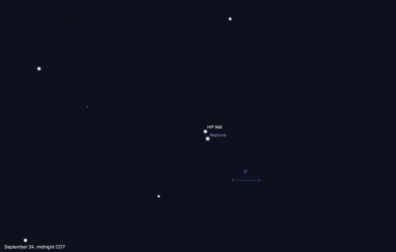 A telescopic simulation showing Neptune in close proximity to the star HIP 968 on September 24, 2026, at midnight CDT. The two objects appear as a very tight pair of points near the center of the image against a deep blue-black background, with Neptune labeled just below HIP 968. A handful of other faint stars are scattered across the field, and a scale bar indicates 5 arcminutes.