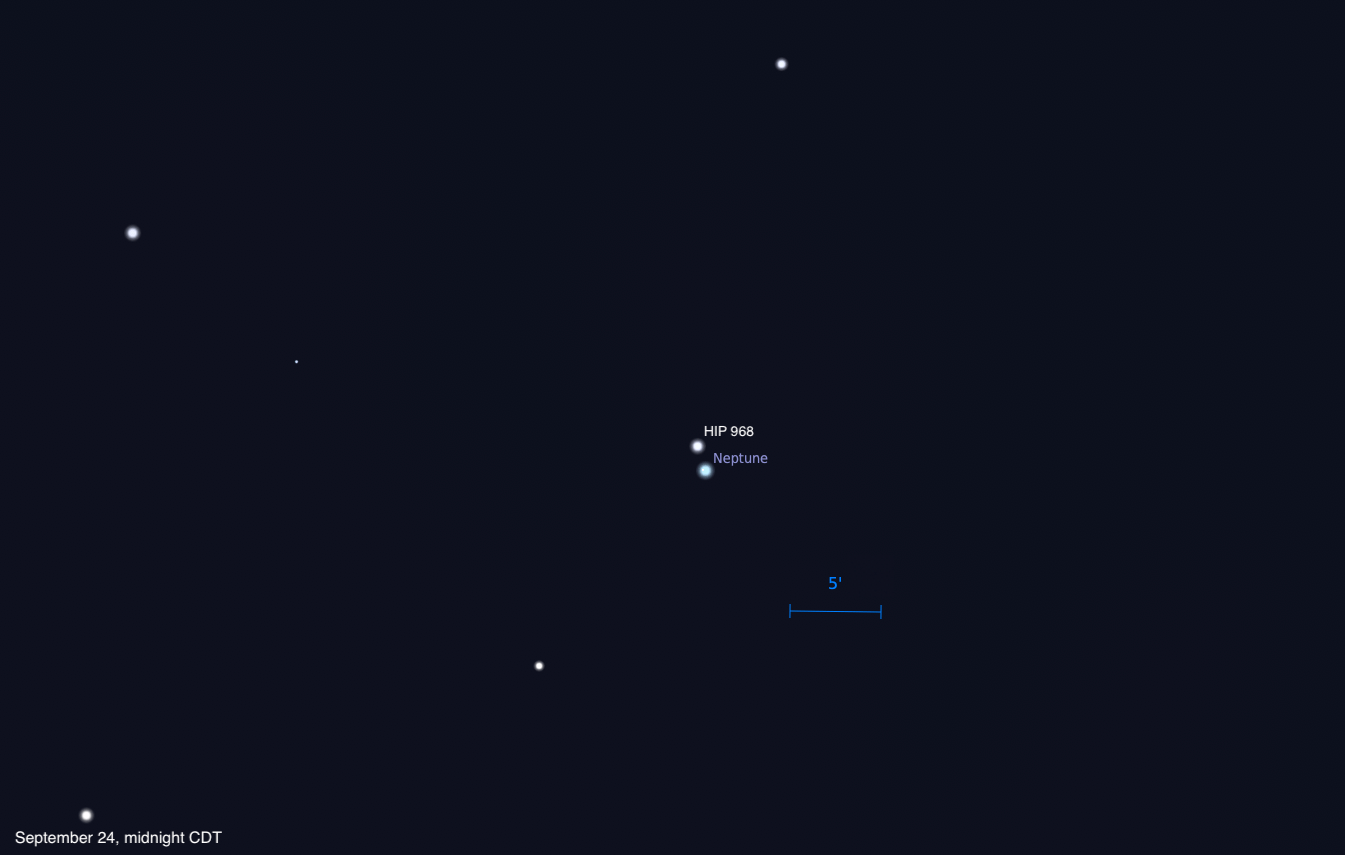 A telescopic simulation showing Neptune in close proximity to the star HIP 968 on September 24, 2026, at midnight CDT. The two objects appear as a very tight pair of points near the center of the image against a deep blue-black background, with Neptune labeled just below HIP 968. A handful of other faint stars are scattered across the field, and a scale bar indicates 5 arcminutes.