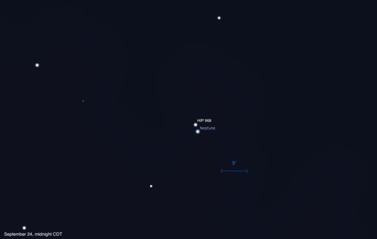 A telescopic simulation showing Neptune in close proximity to the star HIP 968 on September 24, 2026, at midnight CDT. The two objects appear as a very tight pair of points near the center of the image against a deep blue-black background, with Neptune labeled just below HIP 968. A handful of other faint stars are scattered across the field, and a scale bar indicates 5 arcminutes.