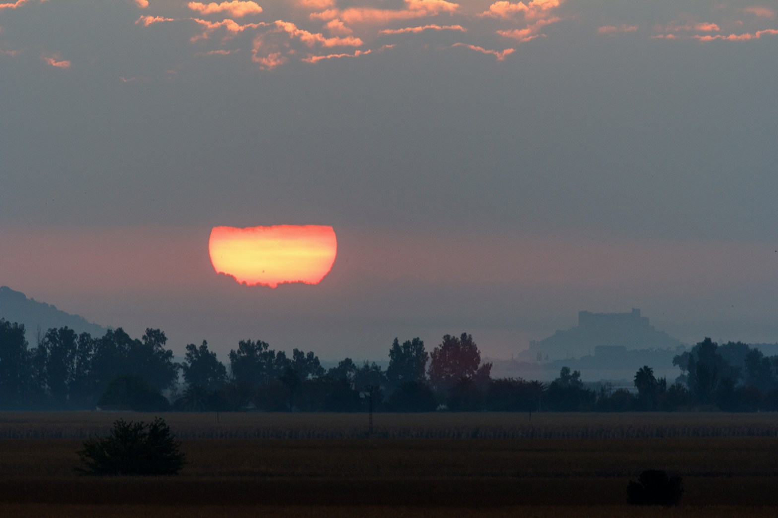 A photograph of the autumnal equinox sunrise over a hazy rural landscape in Spain, showing the Sun as a large, heavily distorted red-orange disc flattened by atmospheric refraction just above the treeline. A silhouetted tree line, distant mountains, and what appears to be a castle or fortress on a hilltop are visible through the haze. Pink-tinted clouds and a gray-blue sky fill the upper portion of the frame, and a flat golden field stretches across the foreground.