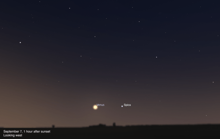 A sky chart showing the western sky on September 7, 2026, one hour after sunset. Venus shines brilliantly low near the center of the image, with the star Spica labeled as a smaller blue-white point just to its right. The sky fades from deep blue-black above to a warm brown-orange twilight glow near the dark horizon silhouette.