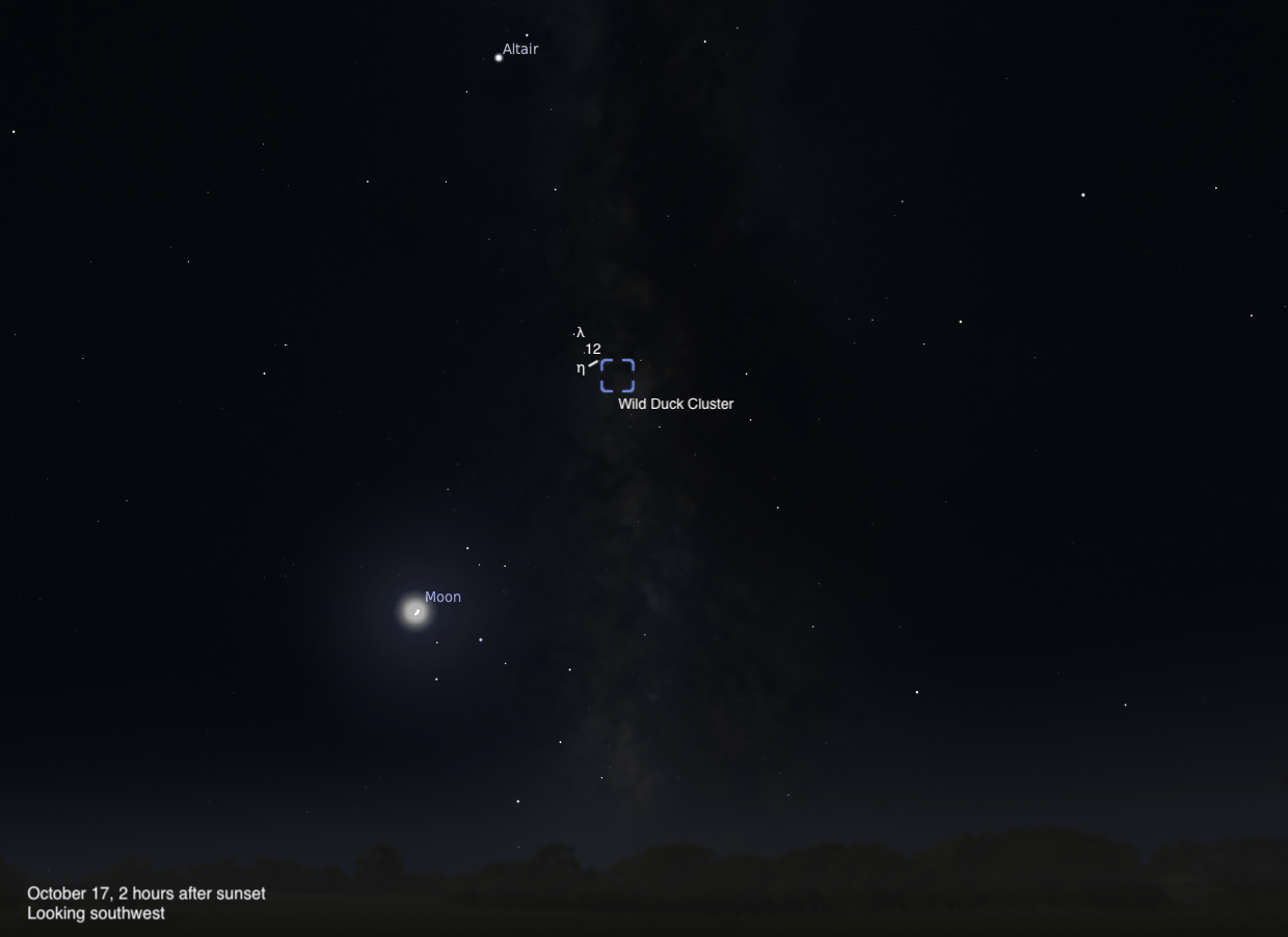 Simulated view of a dark evening sky, dated October 17, 2026, 2 hours after sunset, looking southwest. A thin crescent Moon glows low at lower left, with the Wild Duck Cluster marked by a blue bracket at center, near the stars lambda, 12, and eta, set against the faint band of the Milky Way. Altair is labeled at upper left.