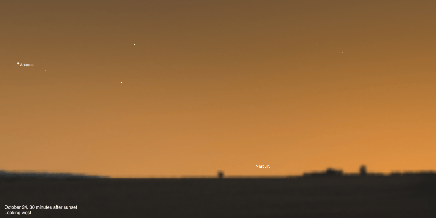 Simulated view of a warm orange twilight sky over a dark horizon with distant buildings in silhouette, dated October 24, 2026, 30 minutes after sunset, looking west. Antares is labeled at upper left, and Mercury appears as a faint point low near the horizon at lower center.